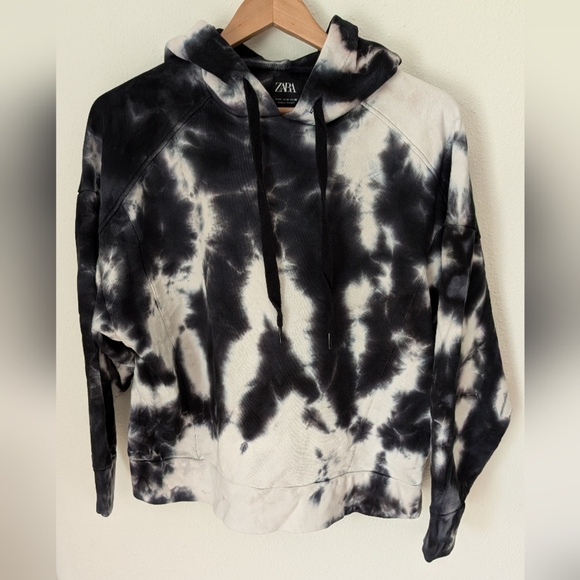 ZARA Black White Tie Dye Hoodie Loose Relaxed Hooded Sweatshirt Top Size M - Picture 1 of 6
